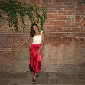 Red silk midi skirt